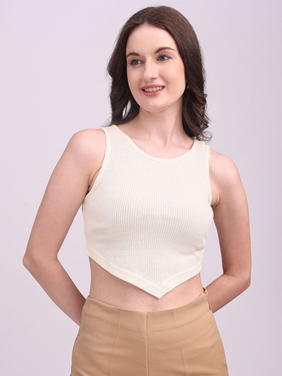 Halff Grey Women Ribbed Sleeveless V-Cut Tank Crop Top