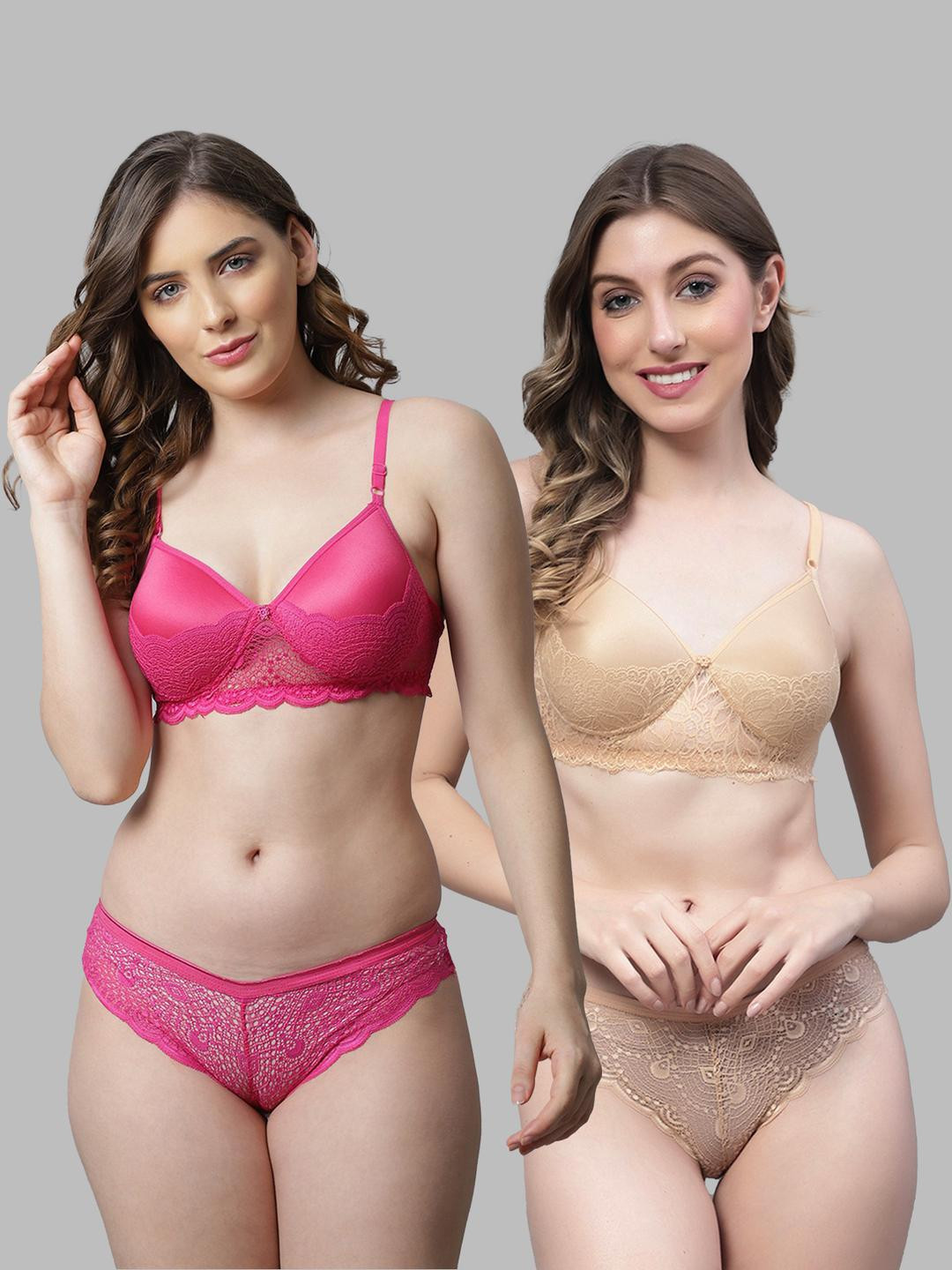 Women Pink,Gold Cotton Bra Panty Set for Lingerie Set Undergarments Pack of 2