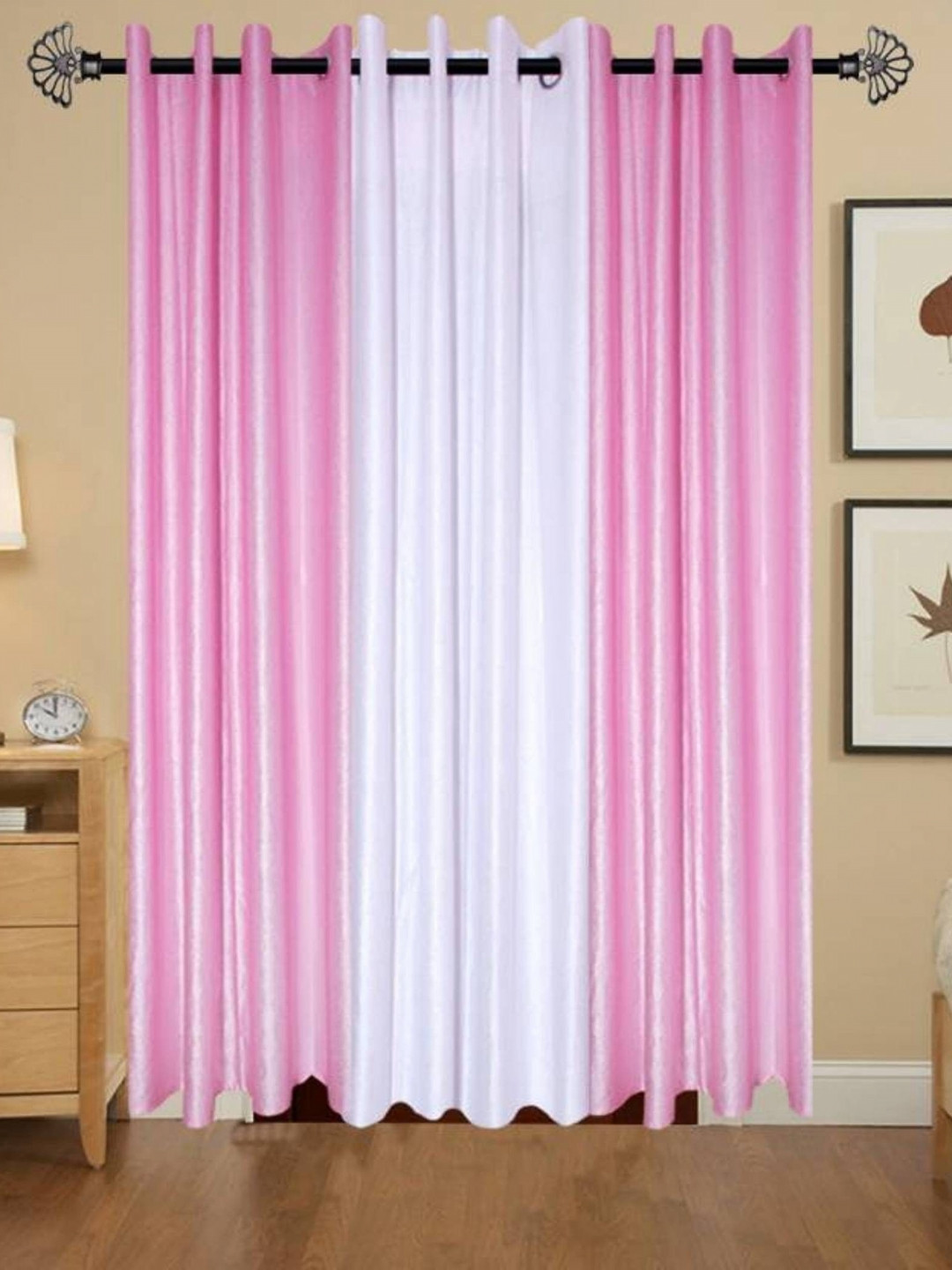 BELLA TRUE White And Pink 3 Pieces Regular Long Door Curtains