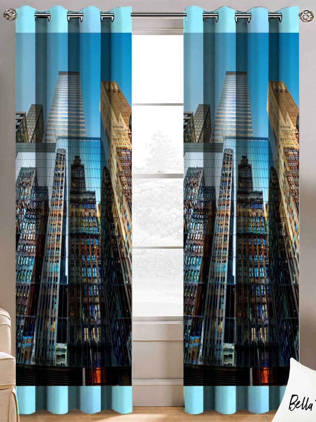 BELLA TRUE Blue & Grey 2 Pieces Abstract Printed Eyelet Fitted Door Curtains