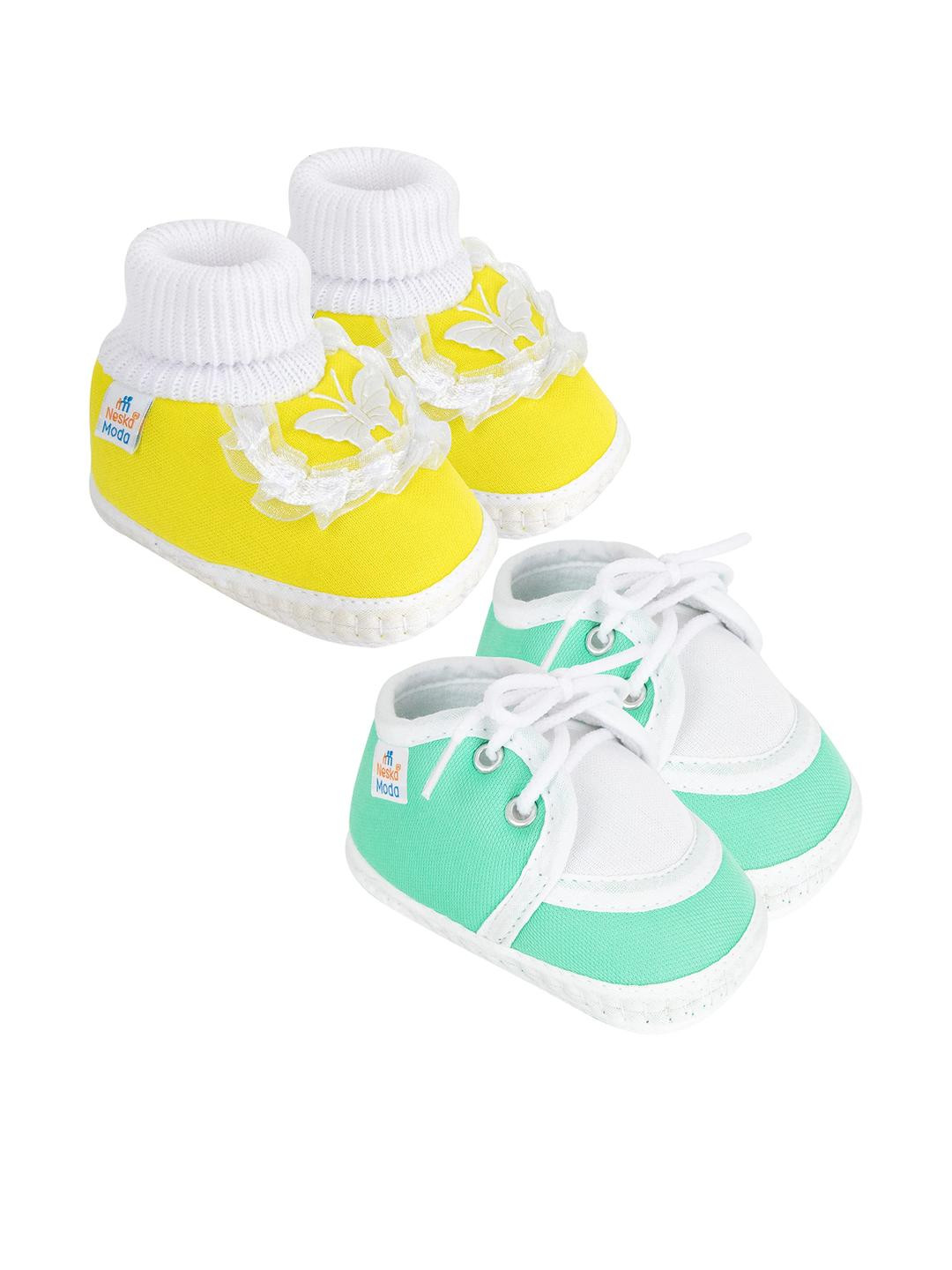 Neska Moda 0 To 6 Months Baby Pack Of 2 Pair Cotton Butterfly Frill Newborn Soft Infant Booties (Toe to Heel Length - 10 cm, Yellow, Light Green)