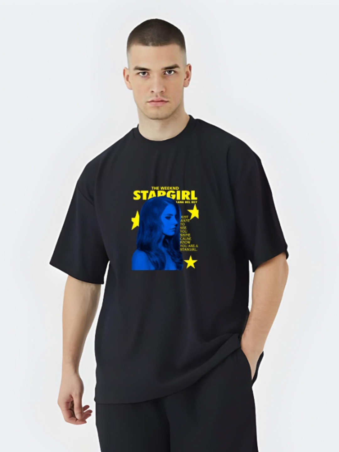 Stitchmeashirt Star Girl Ost Men Printed Drop-Shoulder Sleeves Cotton T-shirt