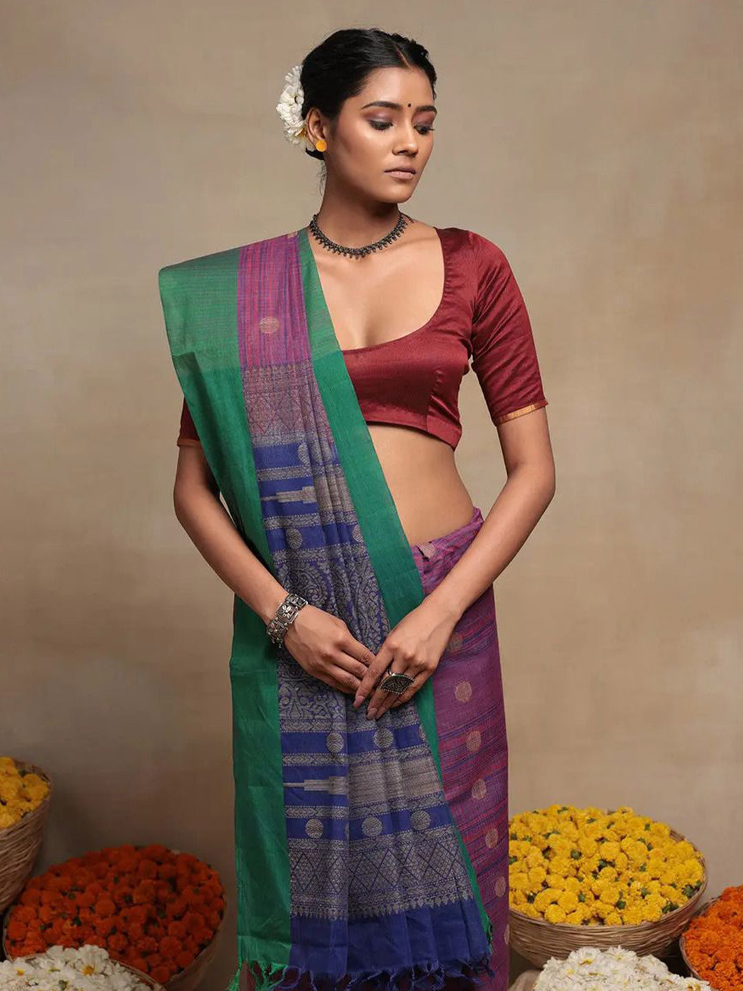 Sutra Art of Clothing Blue And Pink Pure Cotton Kanchi Saree