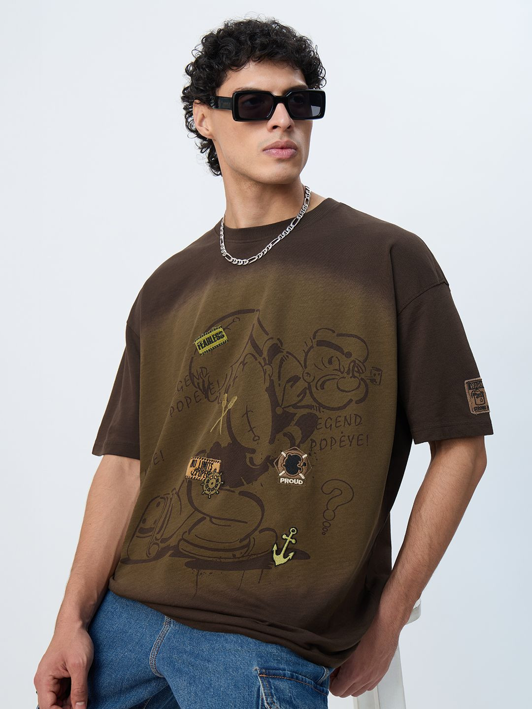 The Souled Store Popeye Legend Men Typography Printed Drop-Shoulder Sleeves Cotton T-shirt