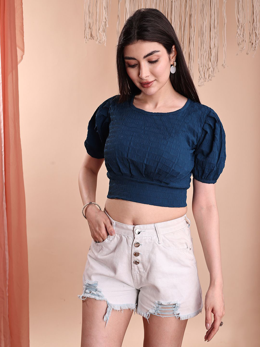 Kinjo Women Textured Self Design Puff Sleeve Scuba Crop Top
