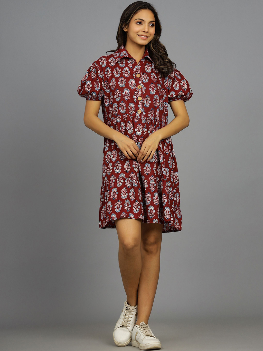 Ravaiyaa Women Floral Printed Puff Sleeve Pure Cotton Dress