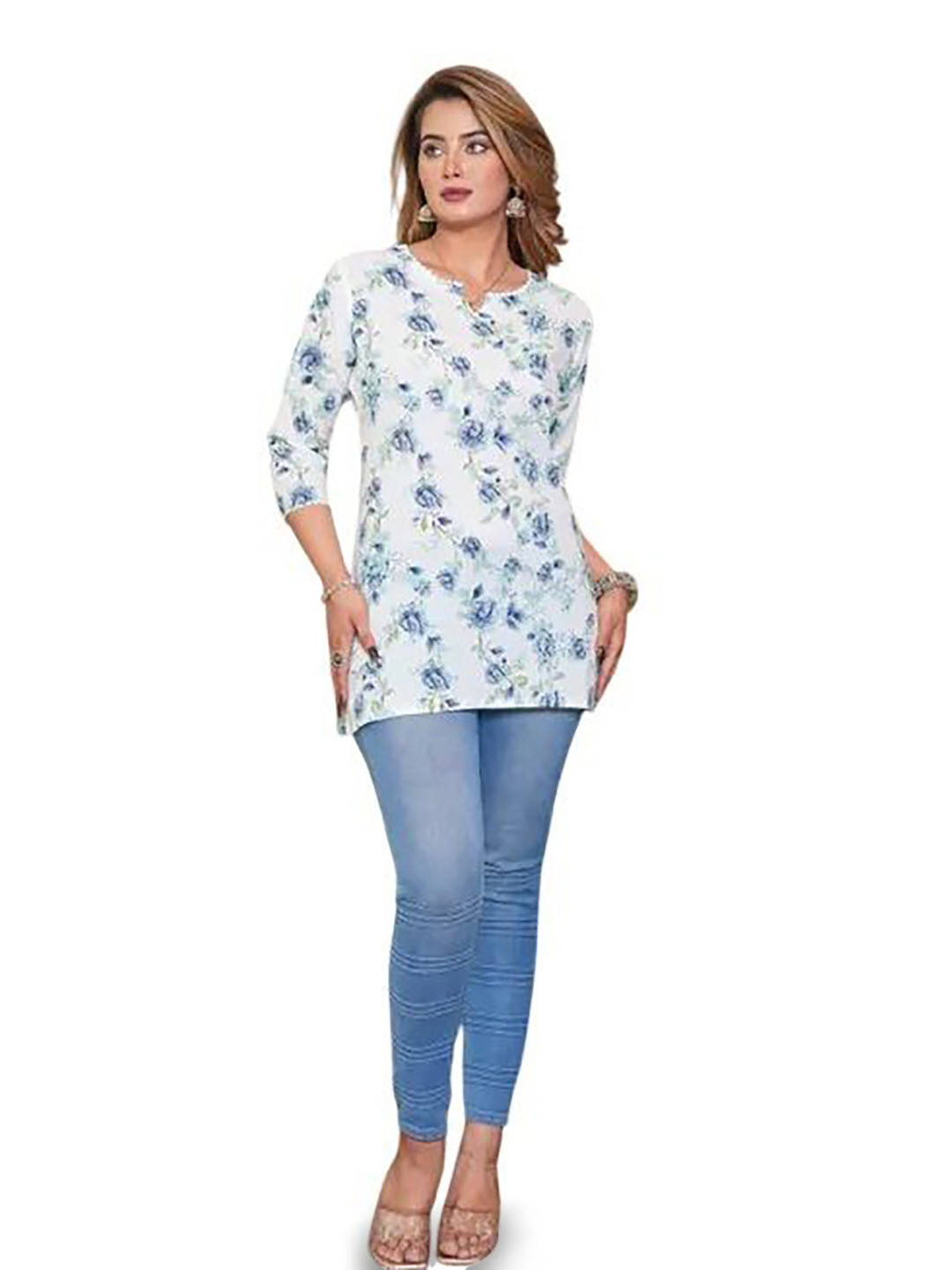 Hasthrachna Floral Printed V-Neck Pure Cotton Straight Kurti
