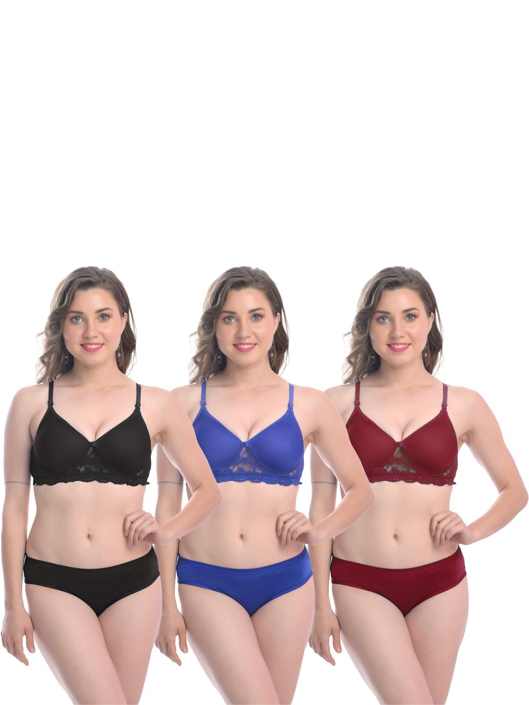 Women Black,Blue,Maroon Cotton Bra Panty Set for Lingerie Set Undergarments Pack of 3
