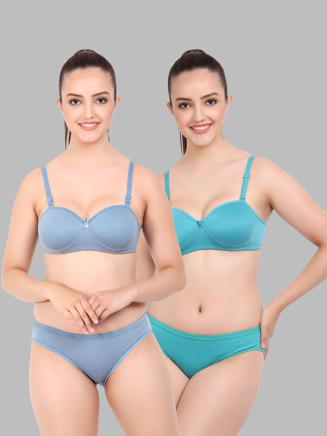 Women Blue,Dark Blue Cotton Bra Panty Set for Lingerie Set Undergarments Pack of 2
