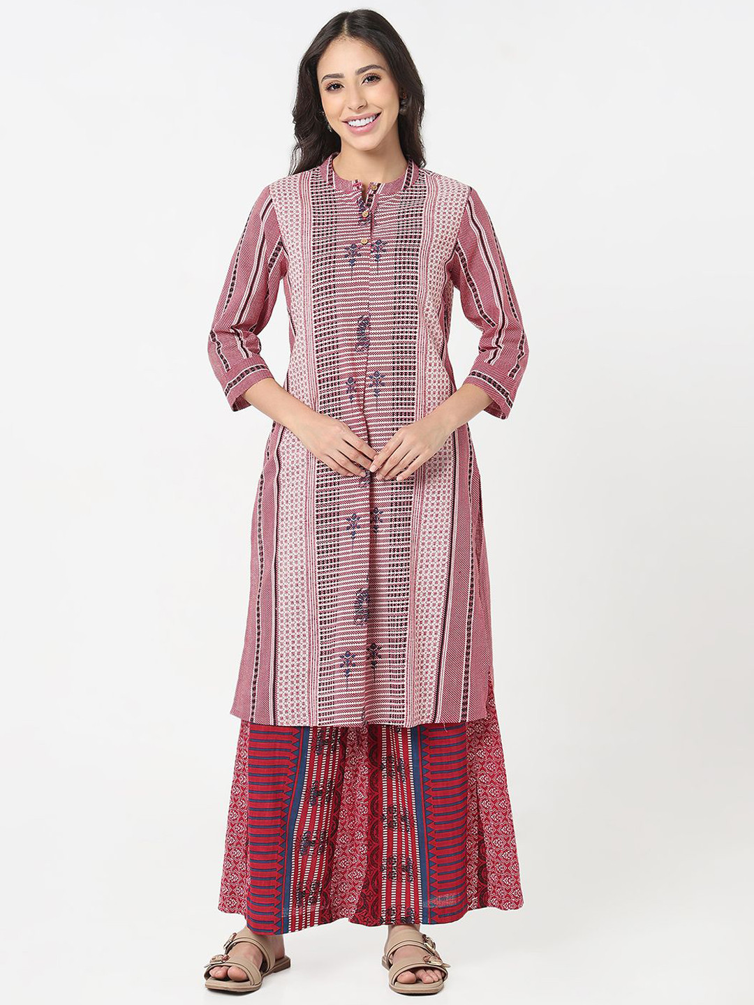 R&B Geometric Printed Band Collar Pure Cotton Straight Kurta With Palazzos