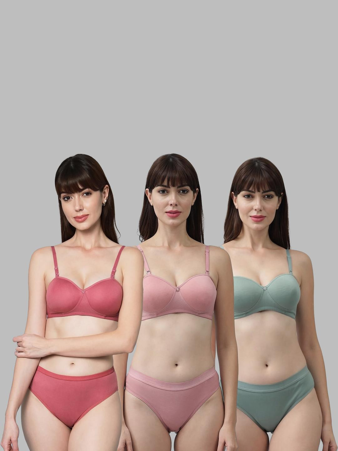 Women Red,Pink,Green Cotton Bra Panty Set for Lingerie Set Undergarments Pack of 3