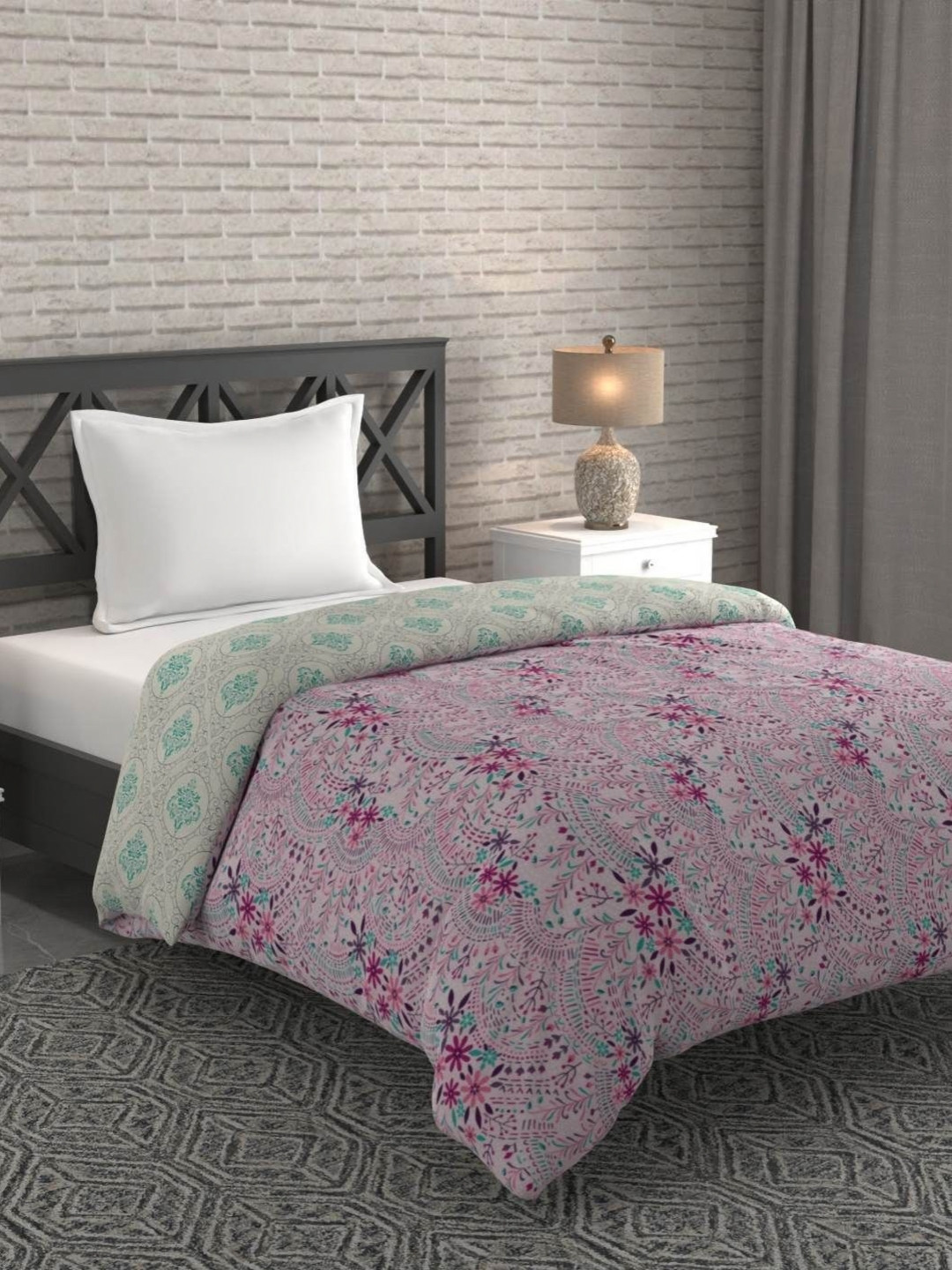 Bichauna Malhar Teal & Purple Floral Printed Cotton AC Room 120 GSM Single Bed Comforter