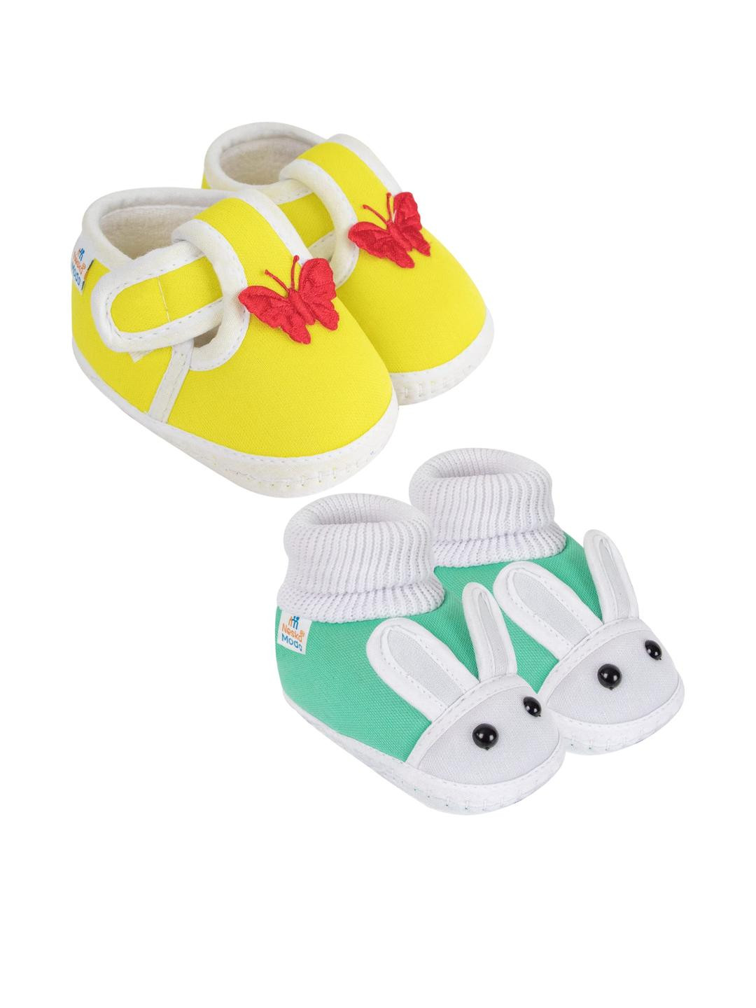 Neska Moda 3 To 12 Months Unisex Baby Set of 2 Pair Combo Cotton Butterfly & Rabit Face Booties (Toe to Heel Length - 12 cm, Yellow, Mint)
