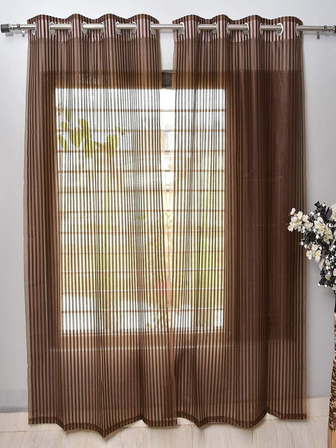 BELLA TRUE Brown Striped 2 Pieces Black Out Long Door Curtains