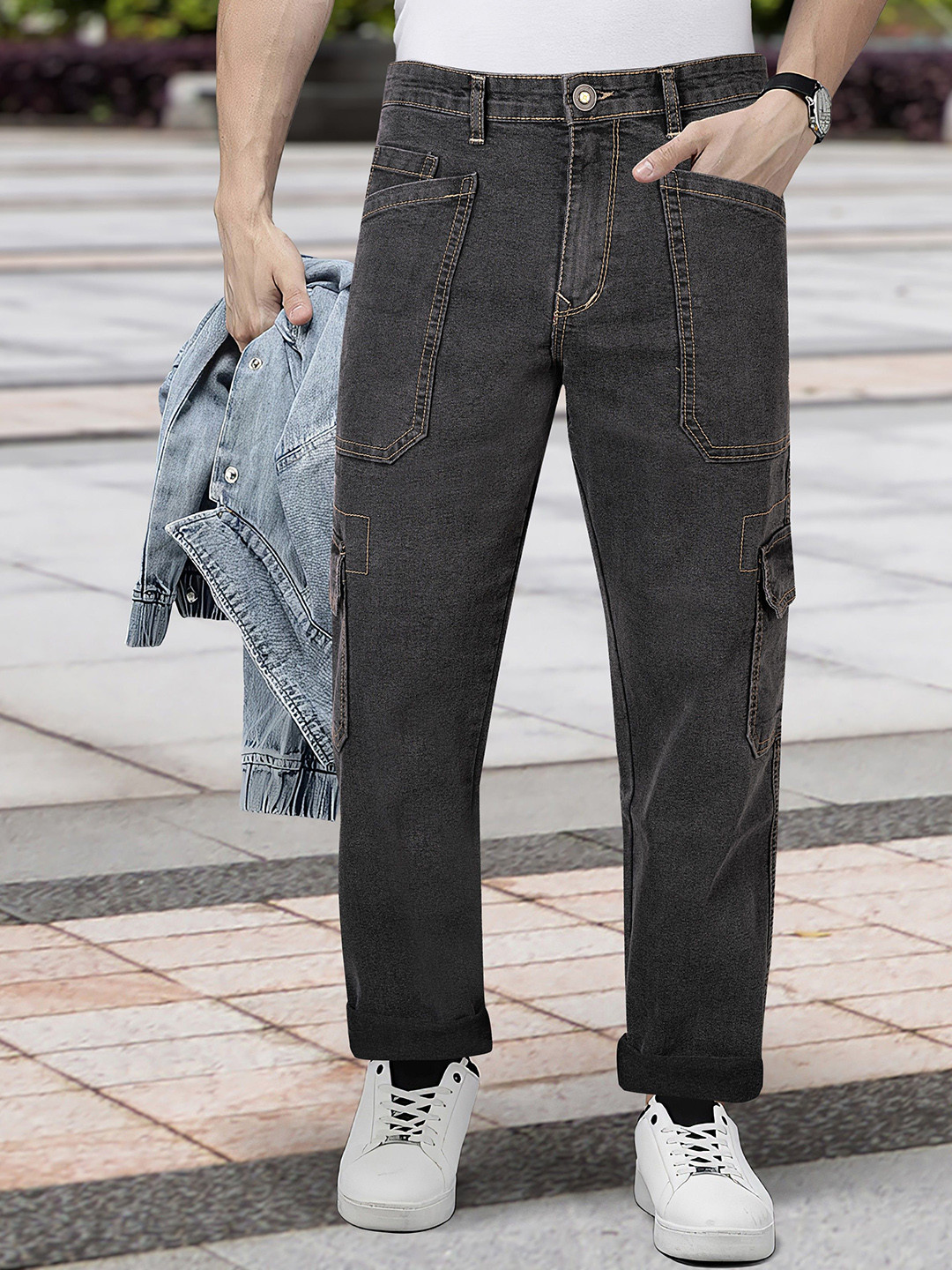 RIG BONE Men Loose Relaxed Fit Mid-Rise Stretchable Denim Cargo Jeans