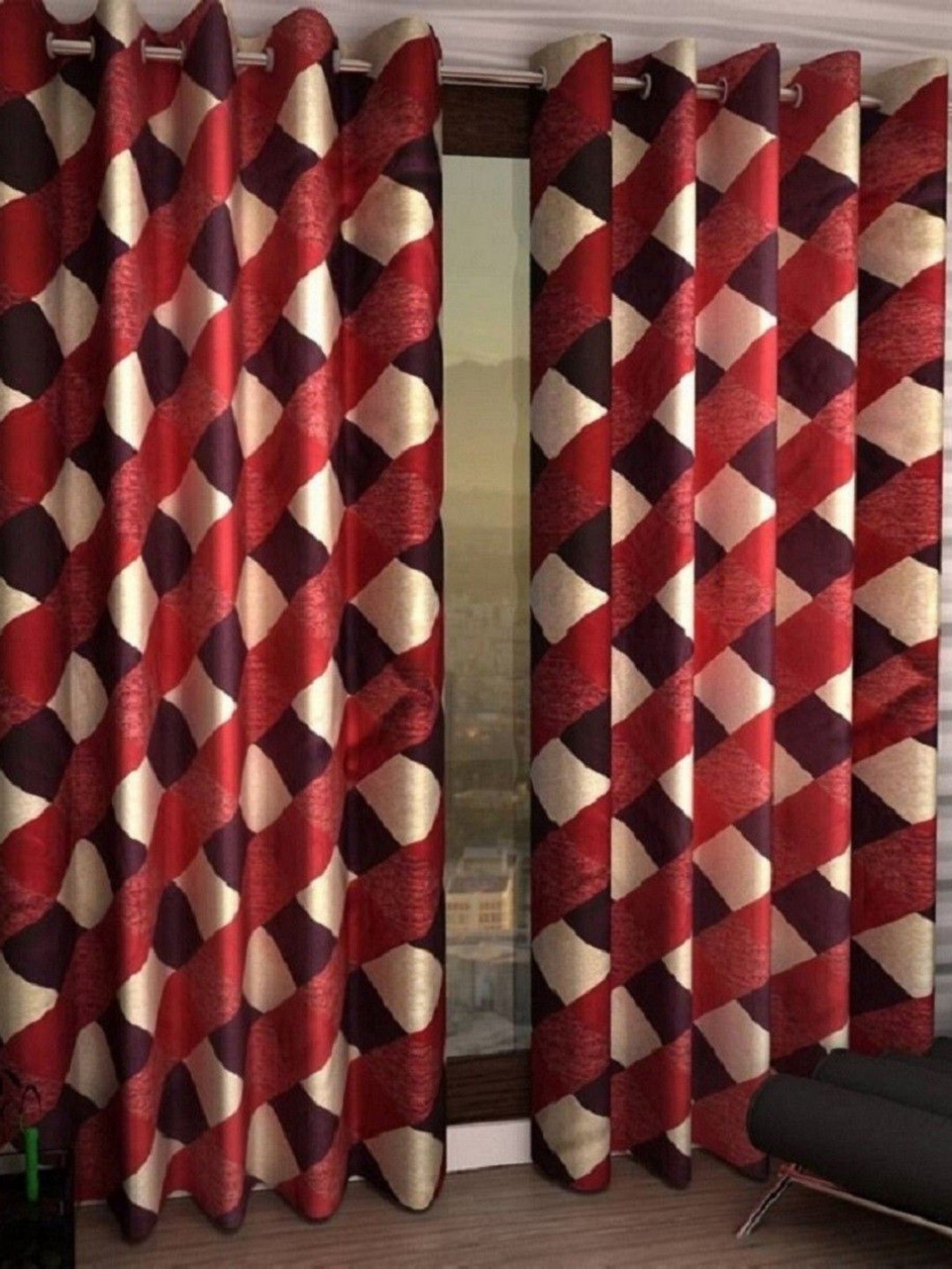 BELLA TRUE 2 Pieces Red & Beige Geometric Printed Window Curtains