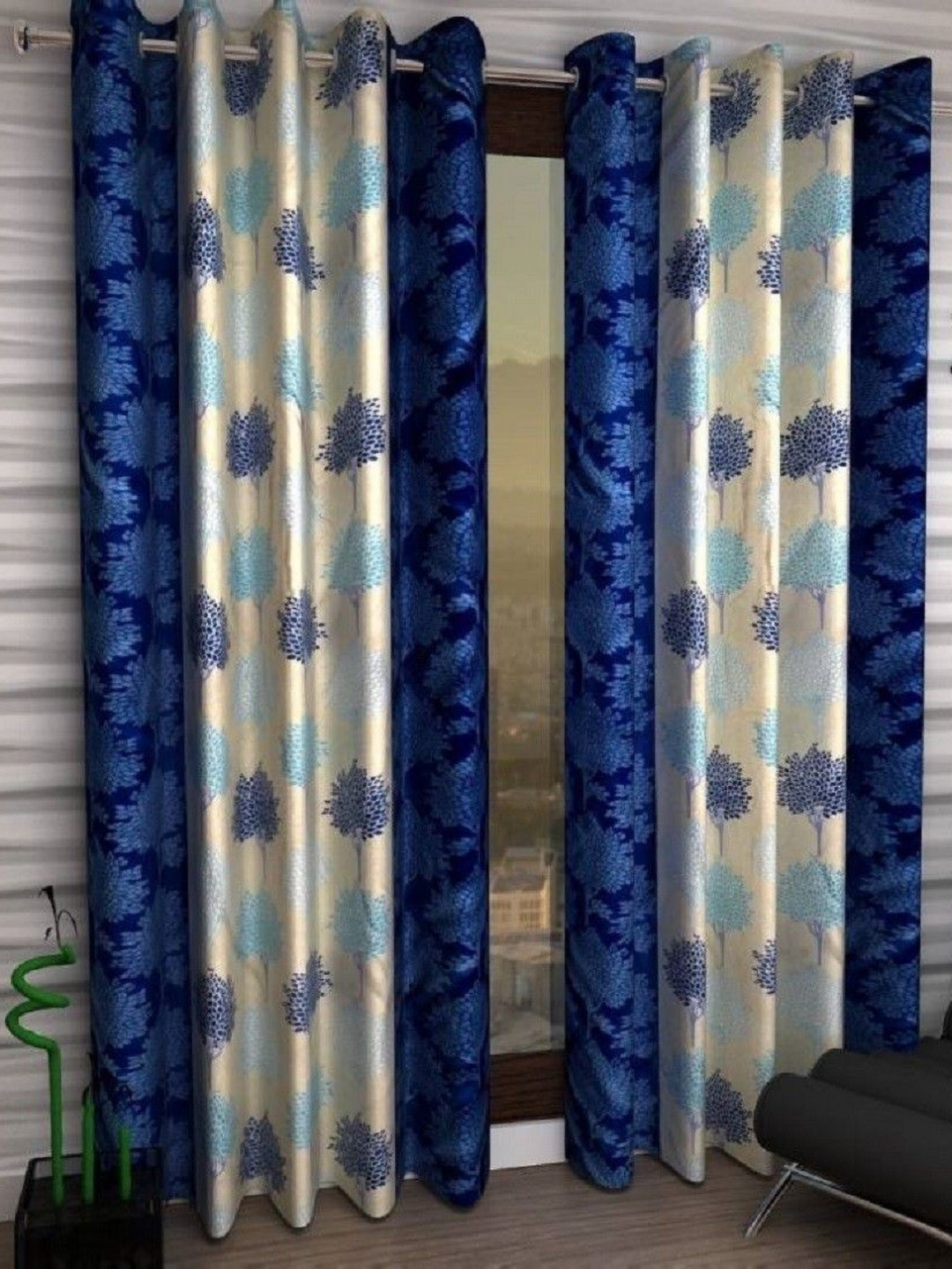 BELLA TRUE Blue & White 2 Pieces Self Design Long Door Curtains