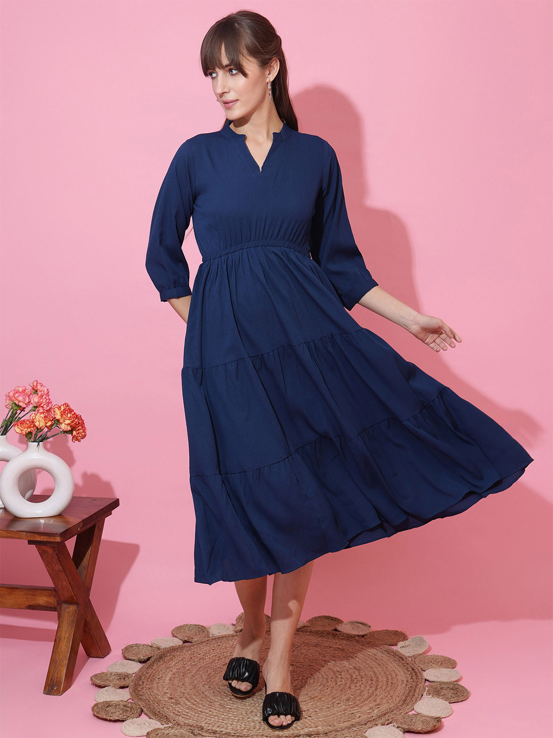 SHEETAL Associates Women Mandarin Collar Gathered or Pleated Tiered Fit & Flare Midi Dress