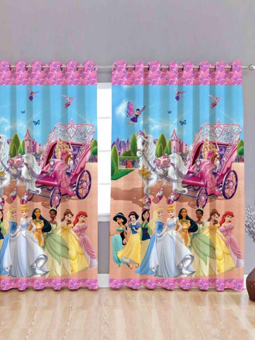 BELLA TRUE Blue & Pink 2 Pieces Princess Ripple Fold Long Door Curtains