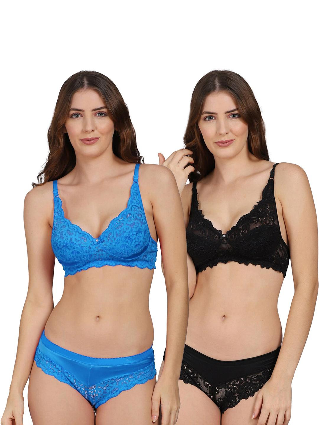 Women Blue,Black Net Bra Panty Set for Lingerie Set Undergarments Pack of 2