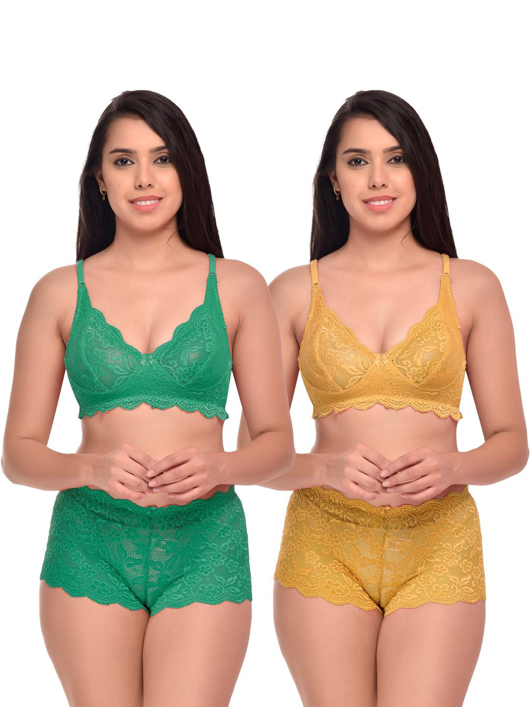Women Green,Yellow Net Bra Panty Set for Lingerie Set Undergarments Pack of 2
