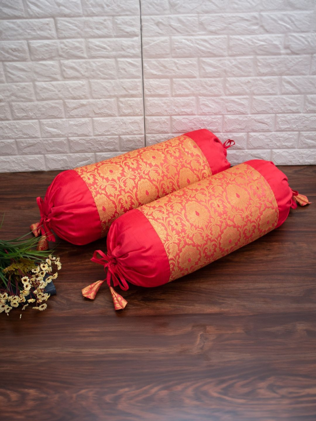 RoyalDeco Pack Of 2 Mughal Banarasi-Patterned Shrink-Resistant Cylindrical Bolster Covers