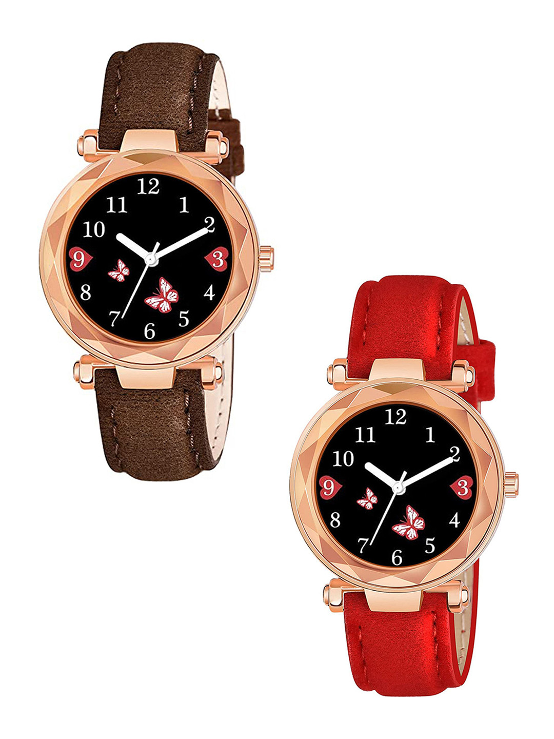 Gopal Shopcart Unisex Pack of 2  Textured Straps Analogue Watch GR379RG BFly BRO RED Vel L