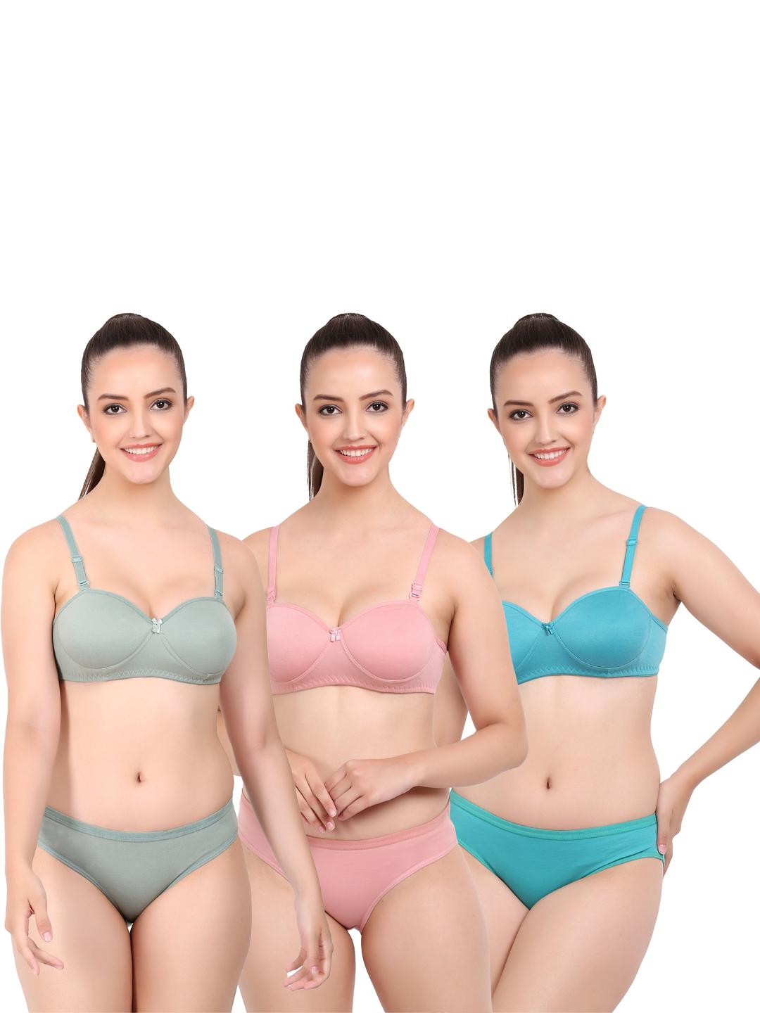 Women Green,Pink,Dark Blue Cotton Bra Panty Set for Lingerie Set Undergarments Pack of 3