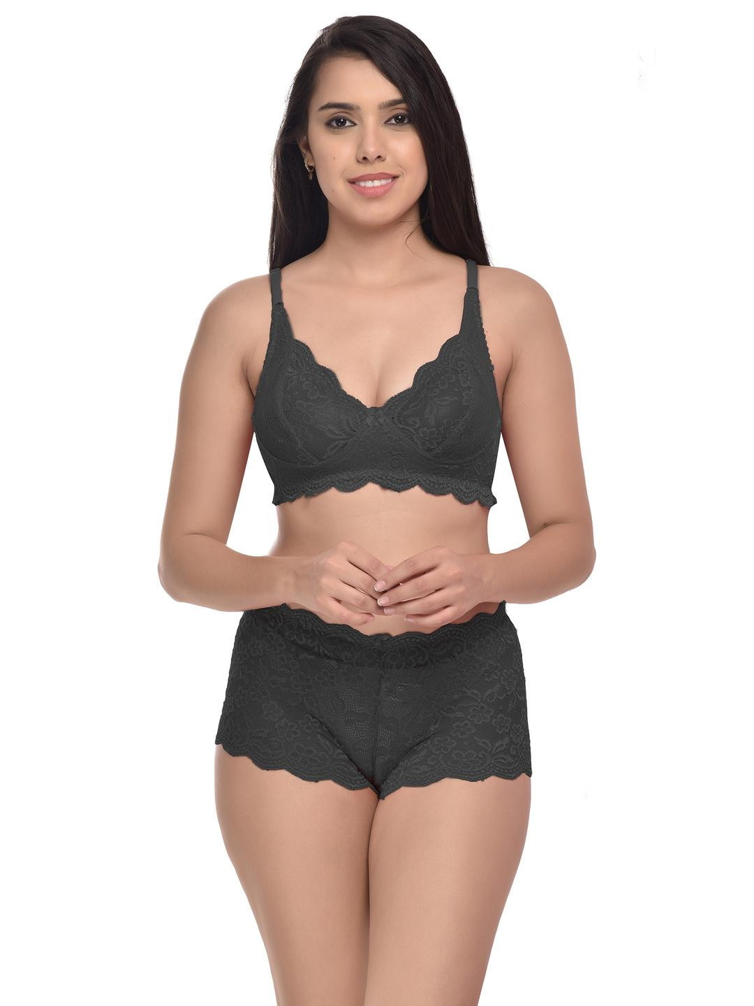 Women Black Net Bra Panty Set for Lingerie Set Undergarments Pack of 1
