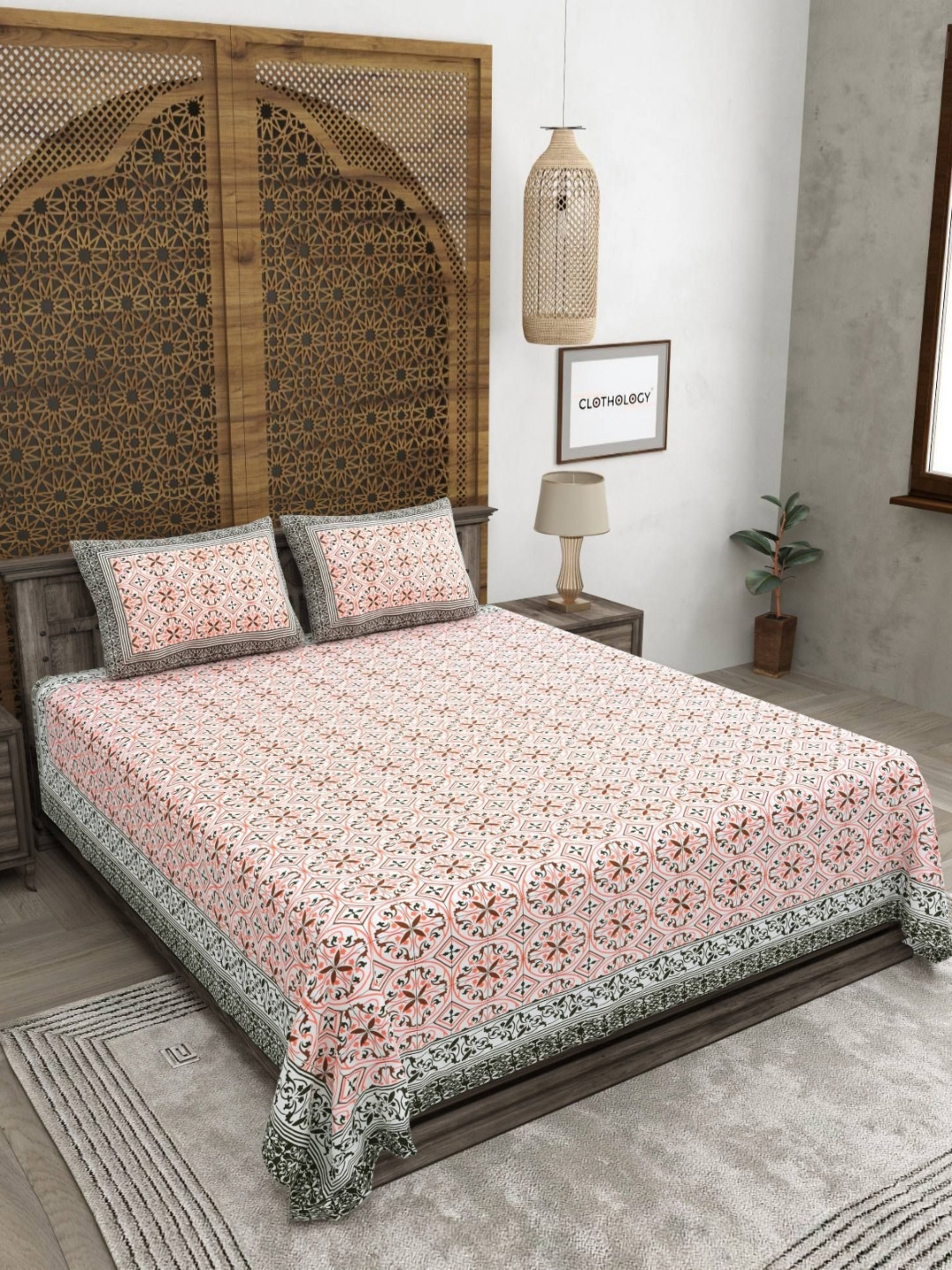 CLOTHOLOGY Orange Colored Printed Pure Cotton 180 TC King Bedsheet Set 2.75 m x 2.25 m