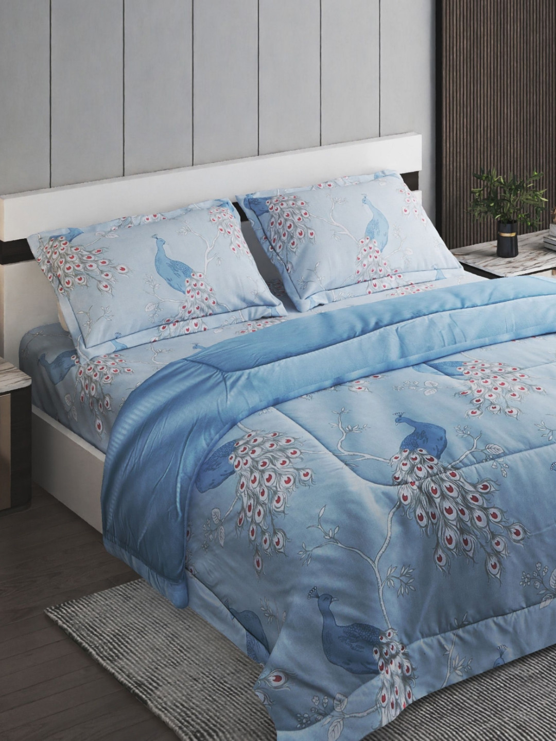 Home Centre Scarlet Blue & Red Ethnic Motifs Printed AC Room 144 TC Queen Bedding Set