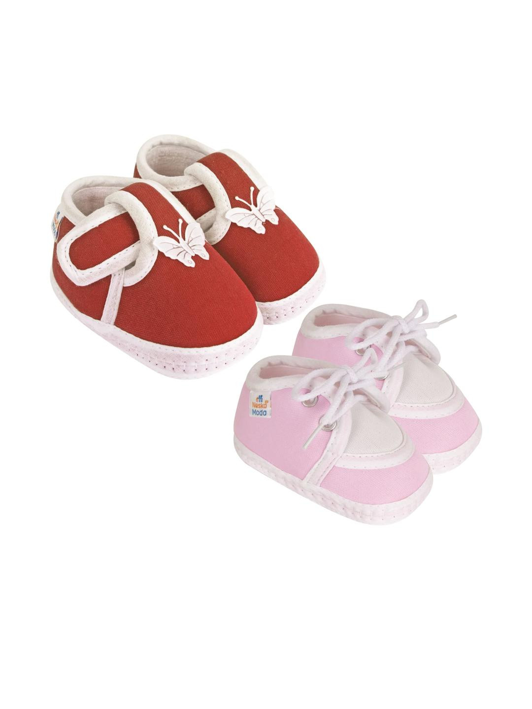 Neska Moda Newborn 2 Pair Set 3 To 12 Months Unisex Baby Cotton Butterfly Design Soft Lace Booties (Toe to Heel Length - 12 cm, Maroon, Baby Pink, White)