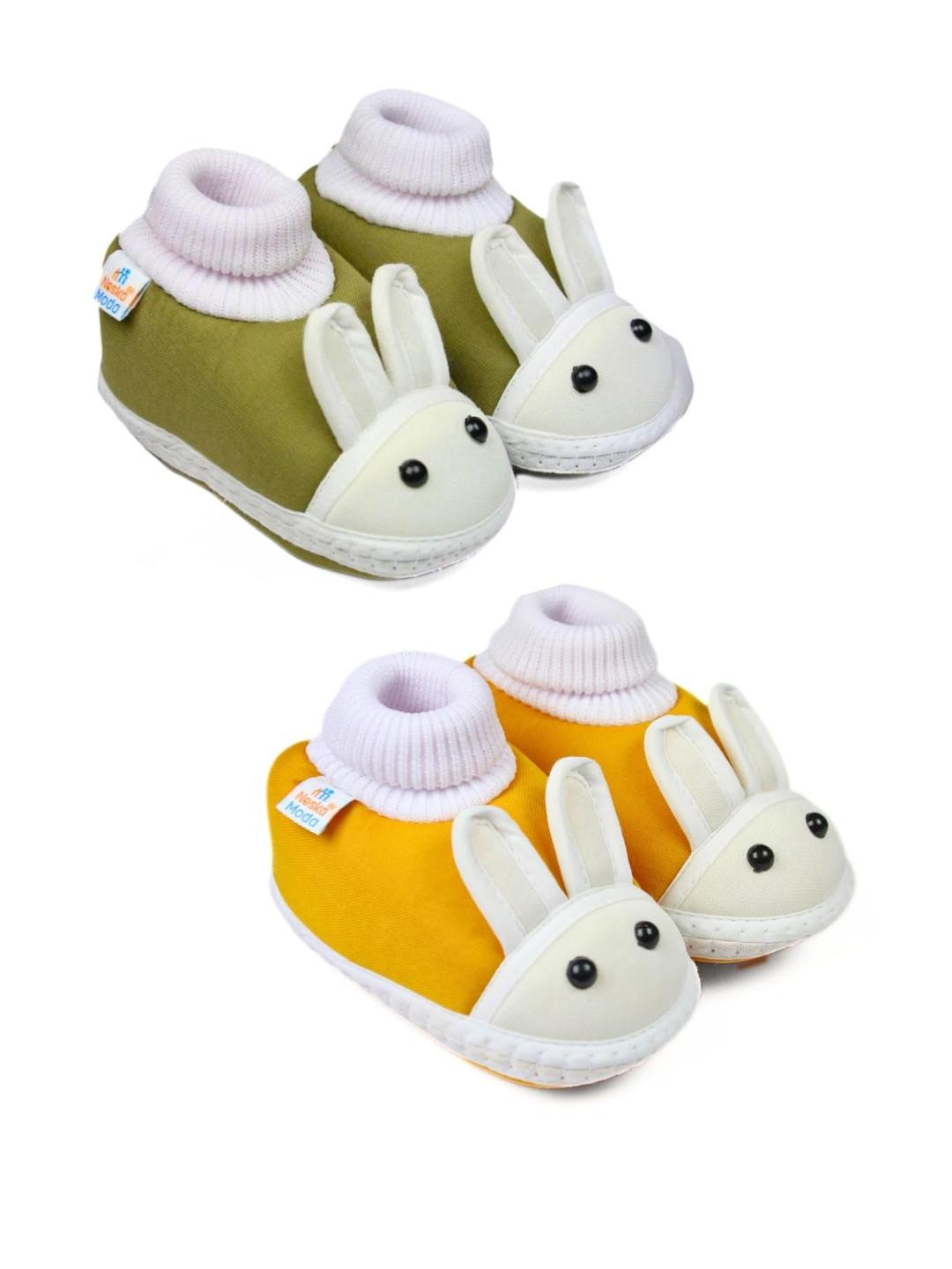 Neska Moda 3 To 12 Months Baby Boys & Baby Girls 2 Pair Combo Pack Cute Soft Cotton Rabbit Booties (Toe to Heel Length - 12 cm, Mehndi, Turmeric)