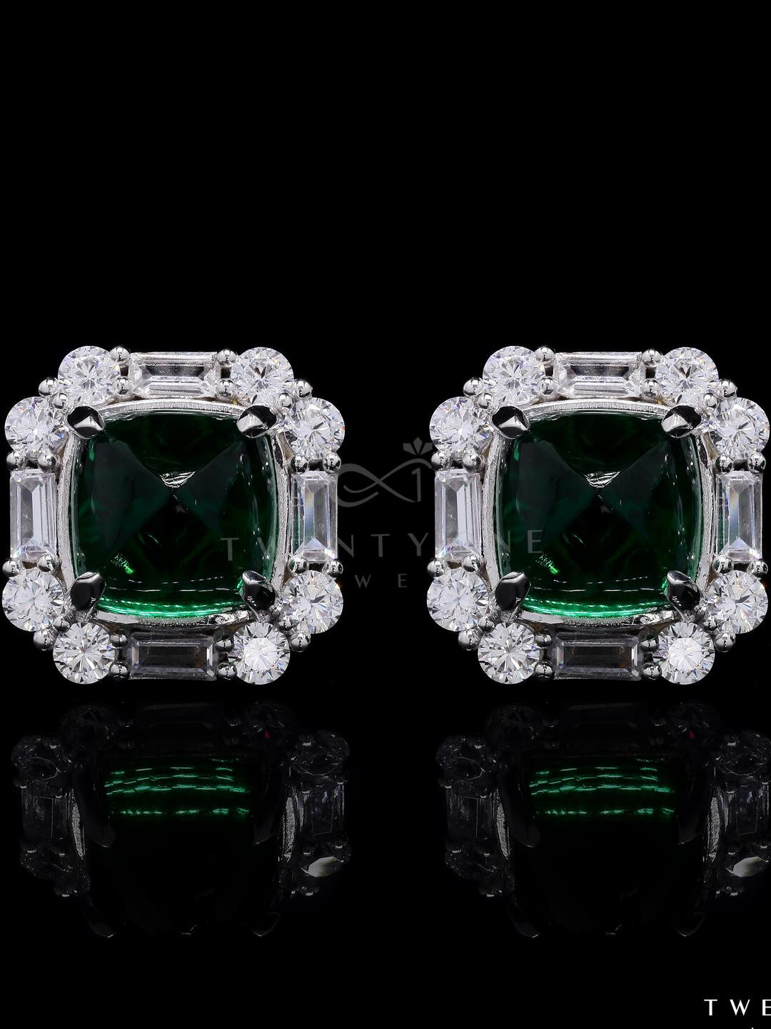 Premium Green Emerald Cabochon Shukra Statement Stud Earrings with Screw Backs on Pure 925 Silver