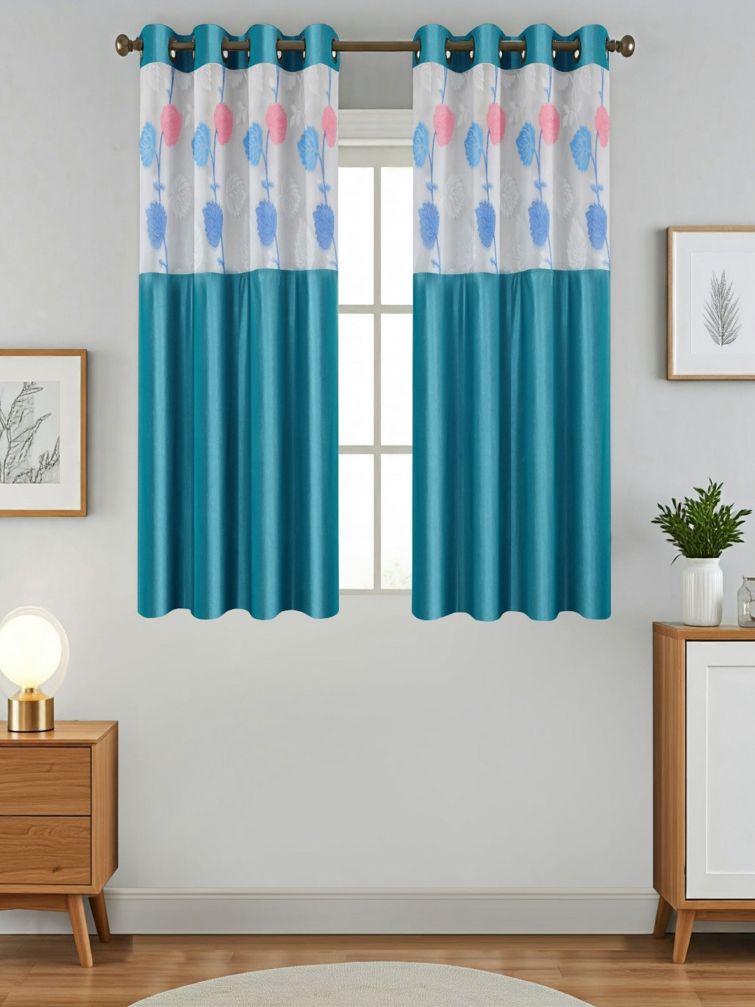 Aura Turquoise Blue And White 2 Pieces Floral Printed Sheer Window Curtains