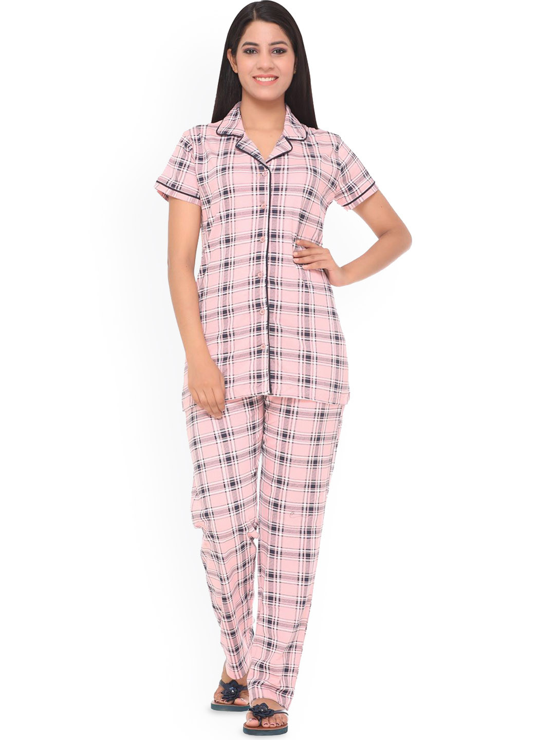 WOOL 4U Women Checked Printed Lapel Collar Shirt & Pyjamas