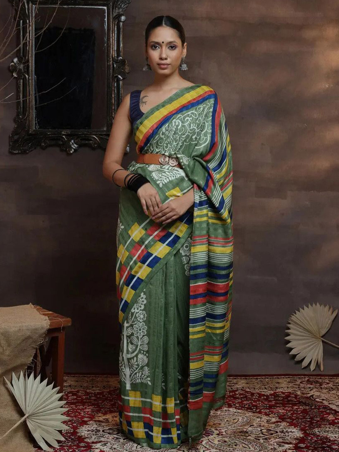 Sutra Art of Clothing Leaf Green Pure Silk Hand Painted Saree