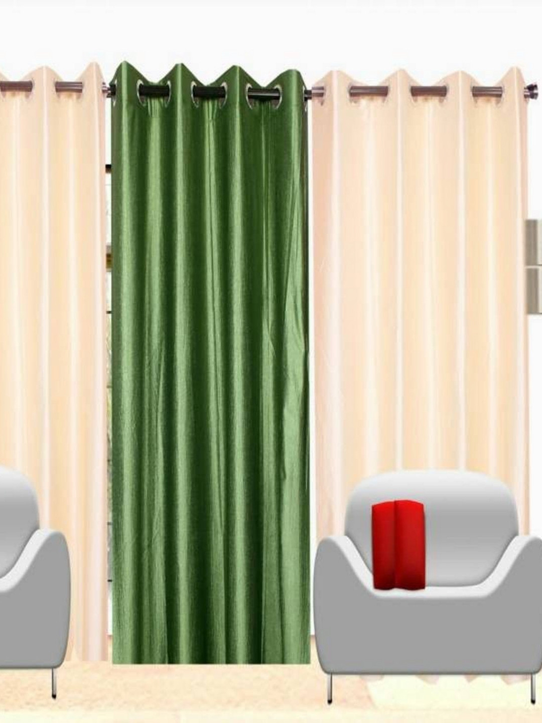 BELLA TRUE Cream & Green 3 Pieces Black Out Long Door Curtains