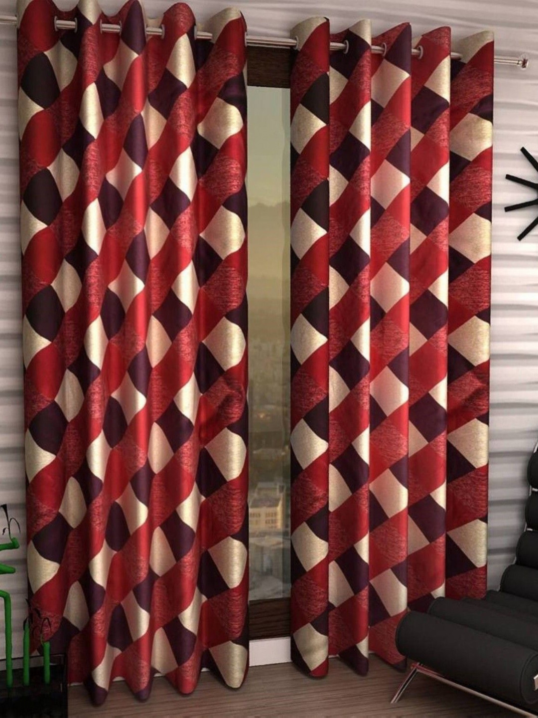 BELLA TRUE Red & Purple 4 Pieces Geometric Printed Long Door Curtains