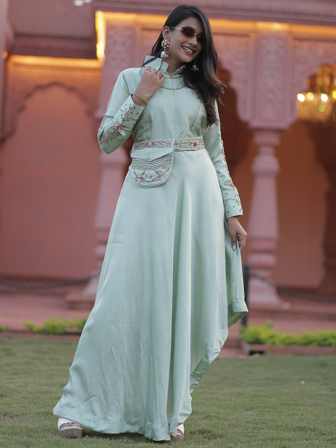 GloballyRonakRBafna Women Embellihed Shirt Collar Gown Maxi Dress