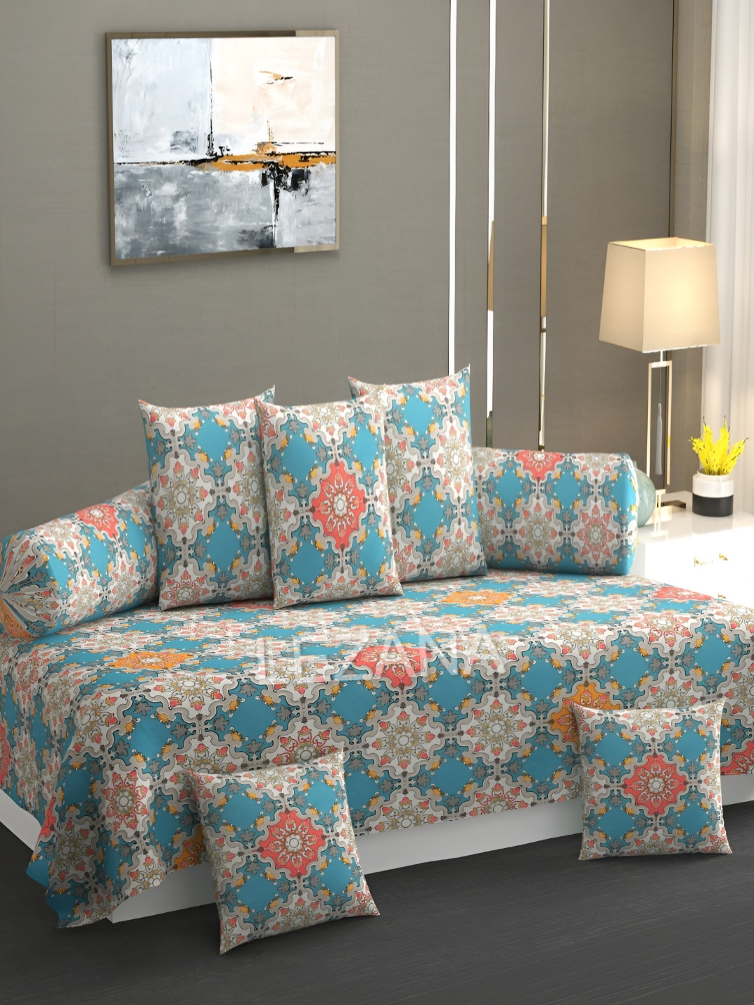 AMRANGE Set Of 8 Floral Printed Diwan Set