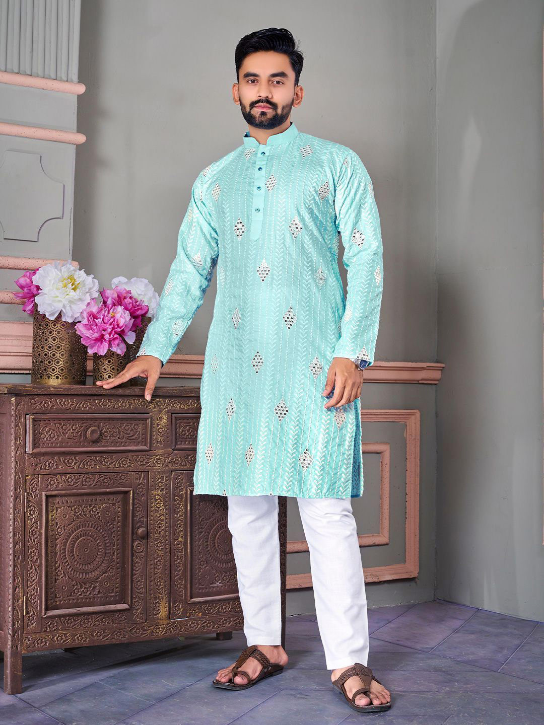 LADY BERRY Men Striped Festive Cotton Straight Kurta