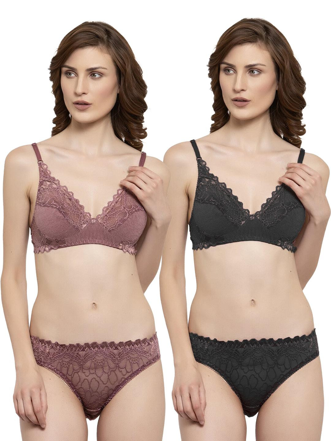 Women Maroon,Black Net Bra Panty Set for Lingerie Set Undergarments Pack of 2