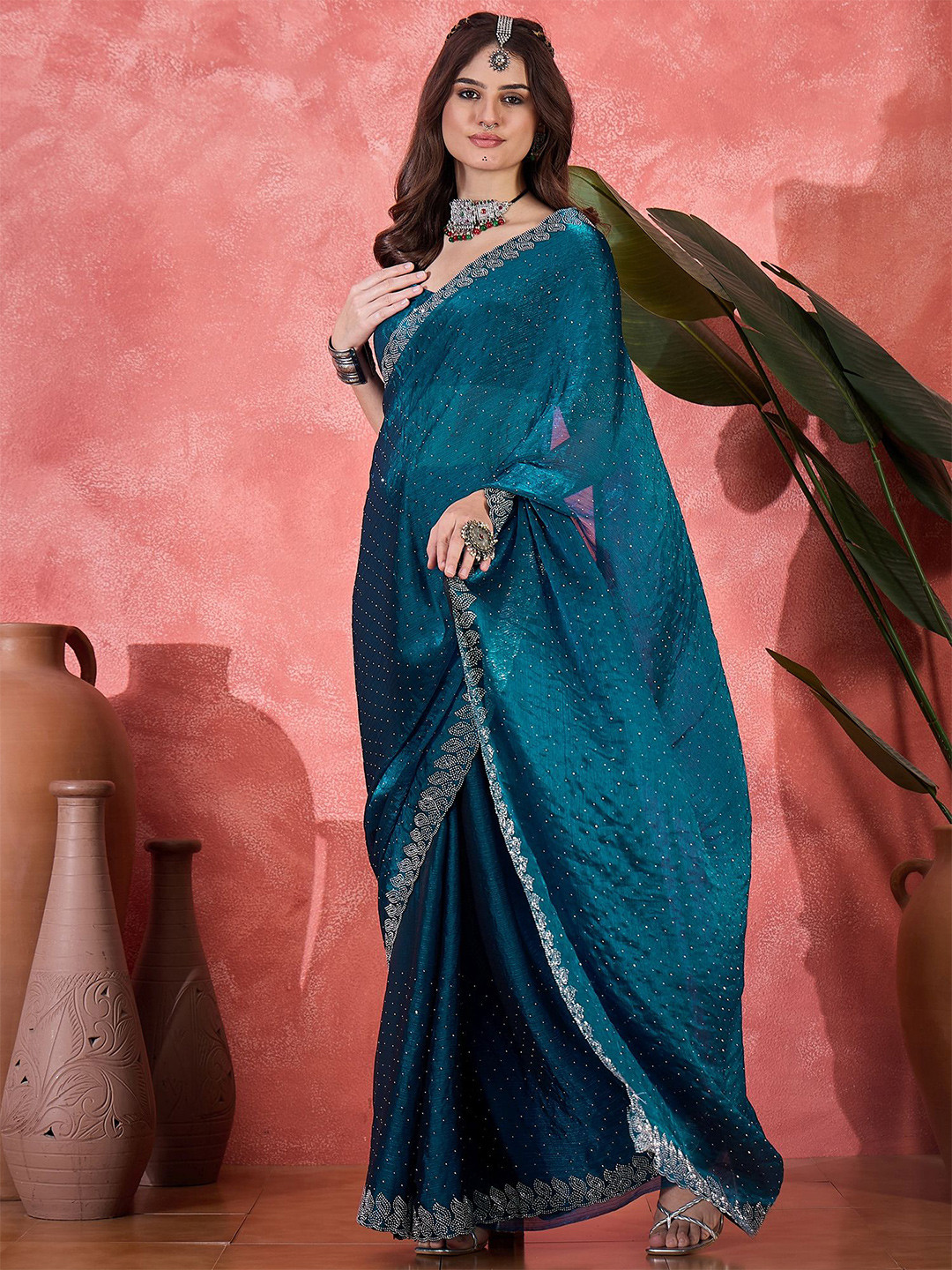 Sangria Stone Work Embellished Saree With Unstitched Blouse