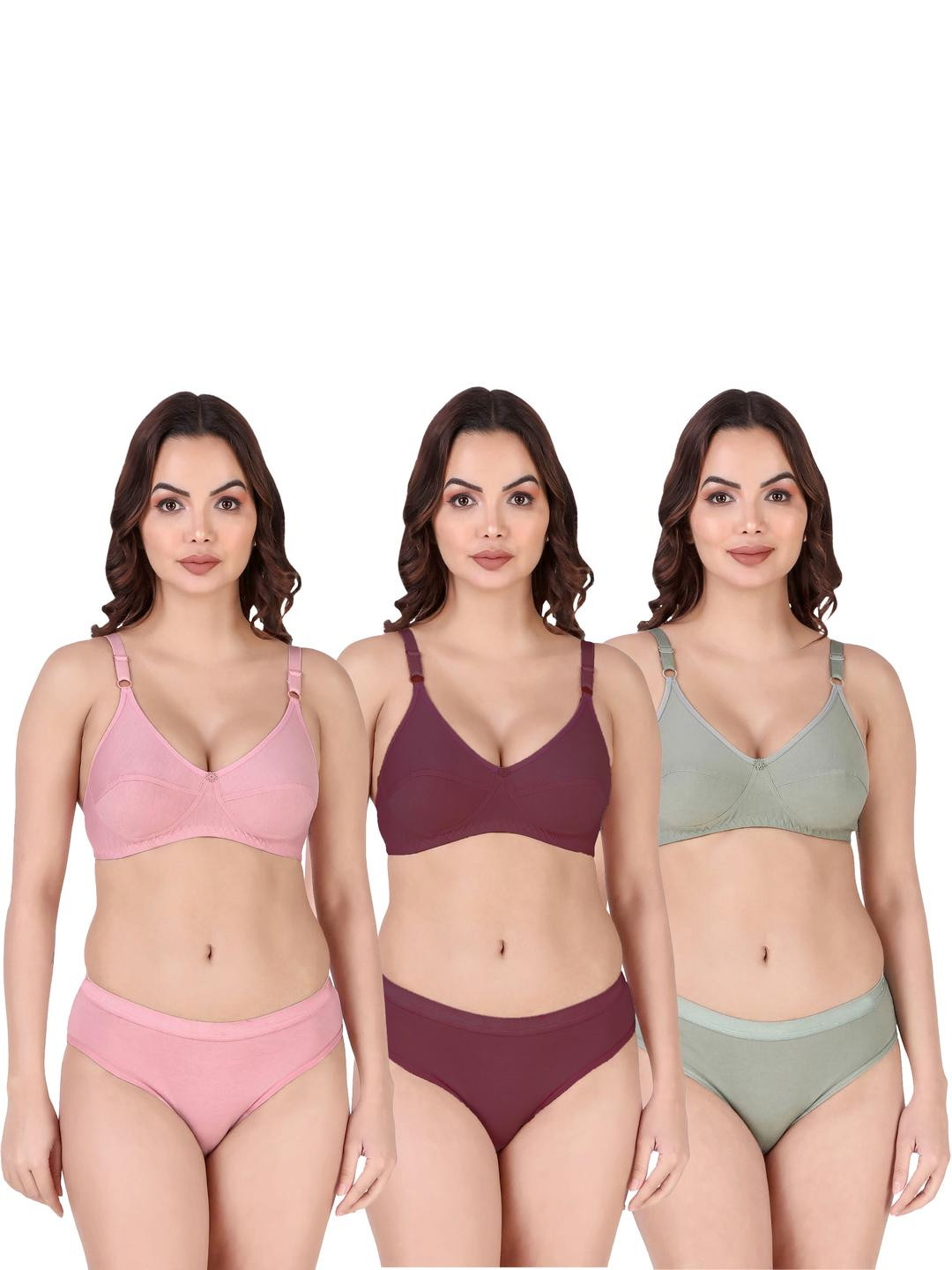 Women Pink,Maroon,Green Cotton Bra Panty Set for Lingerie Set Undergarments Pack of 3