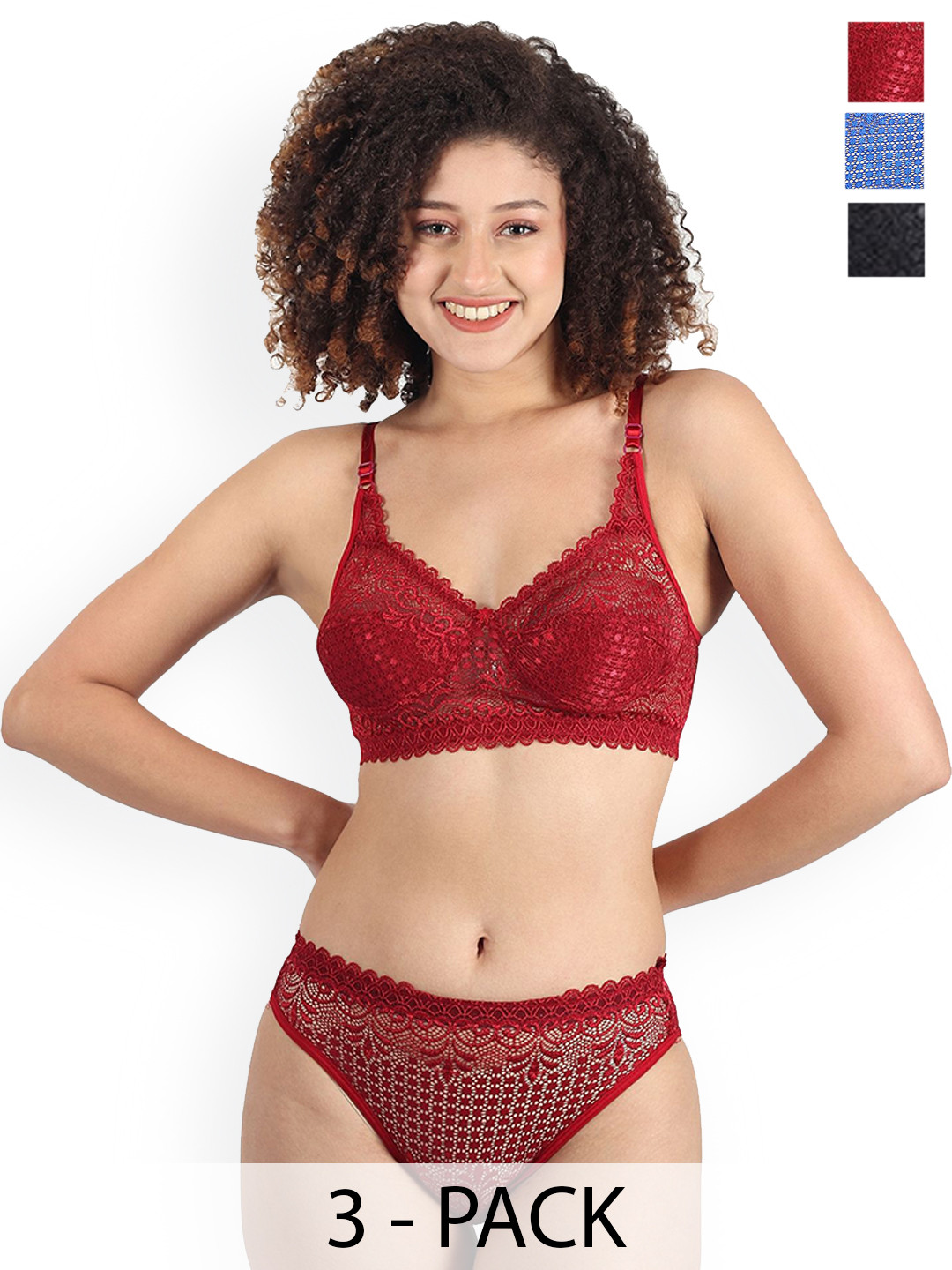 Samvar Pack Of 3 Self-Designed Non-Wired Non Padded Lingerie Set B-Rain-Set_B,Bl,M