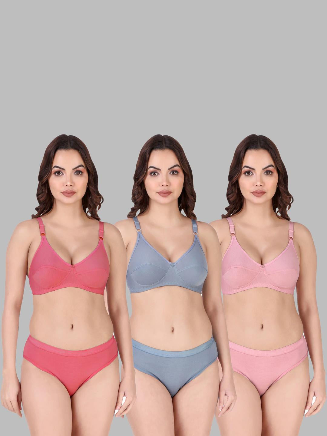 Women Red,Blue,Pink Cotton Bra Panty Set for Lingerie Set Undergarments Pack of 3