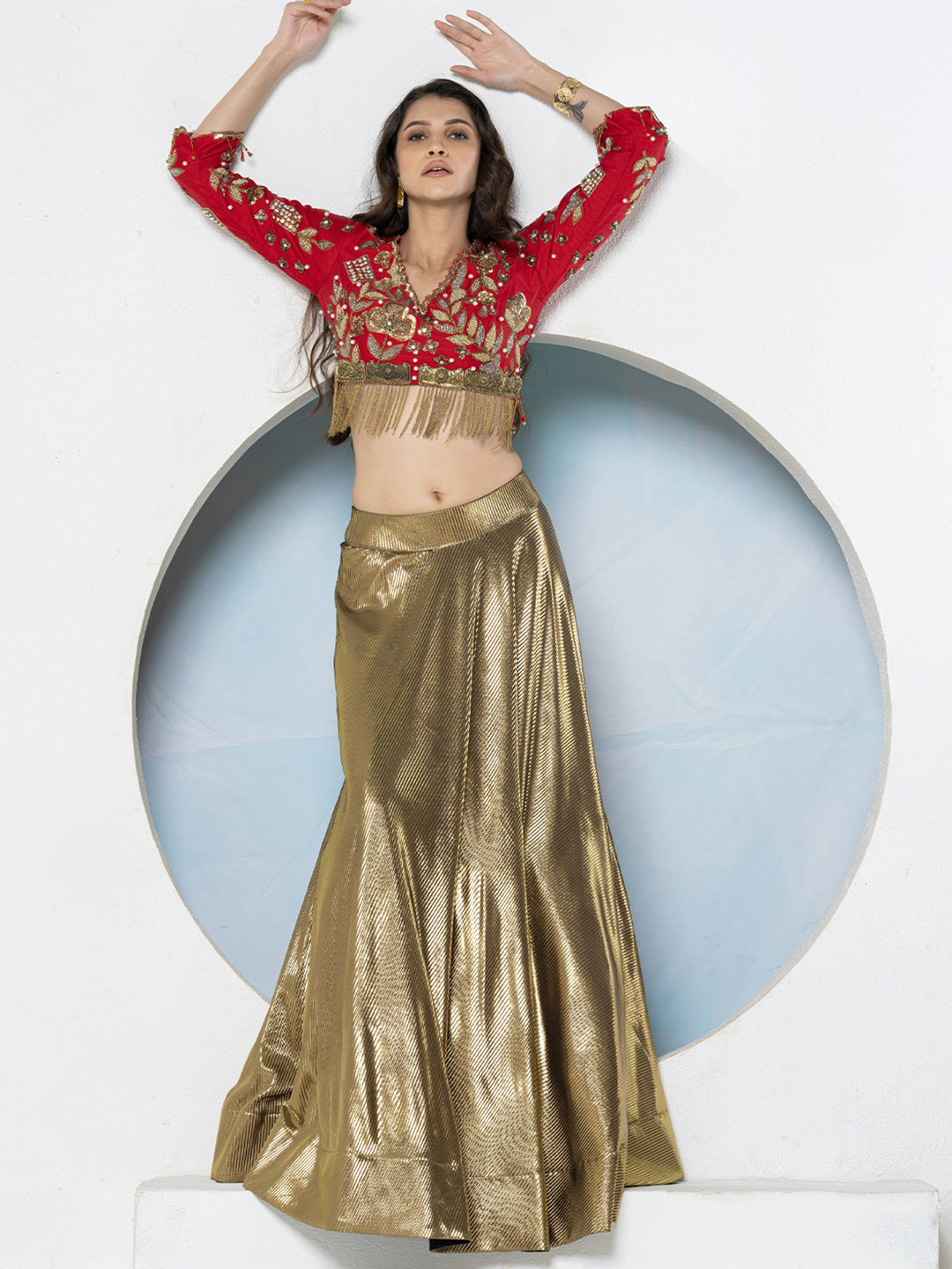 GloballyRonakRBafna Embroidered Beads and Stones Khari Print Ready to Wear Lehenga Choli