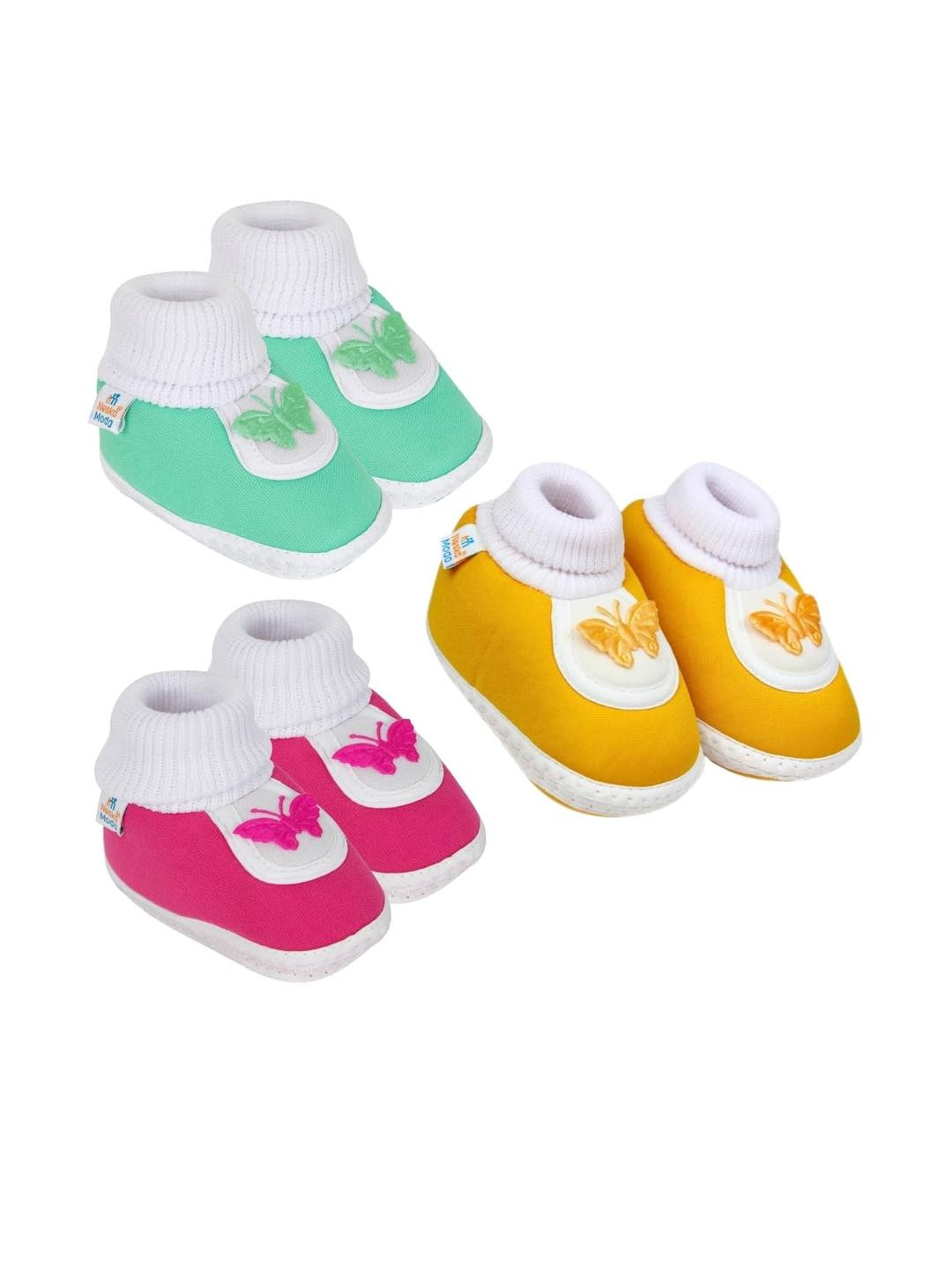 Neska Moda 6 To 12 Month 3 Pair Set Newborn Unisex Baby Skin Friendly Soft Cotton Butterfly Booties (Toe to Heel Length - 12 cm, Rani, Mint, Turmeric)