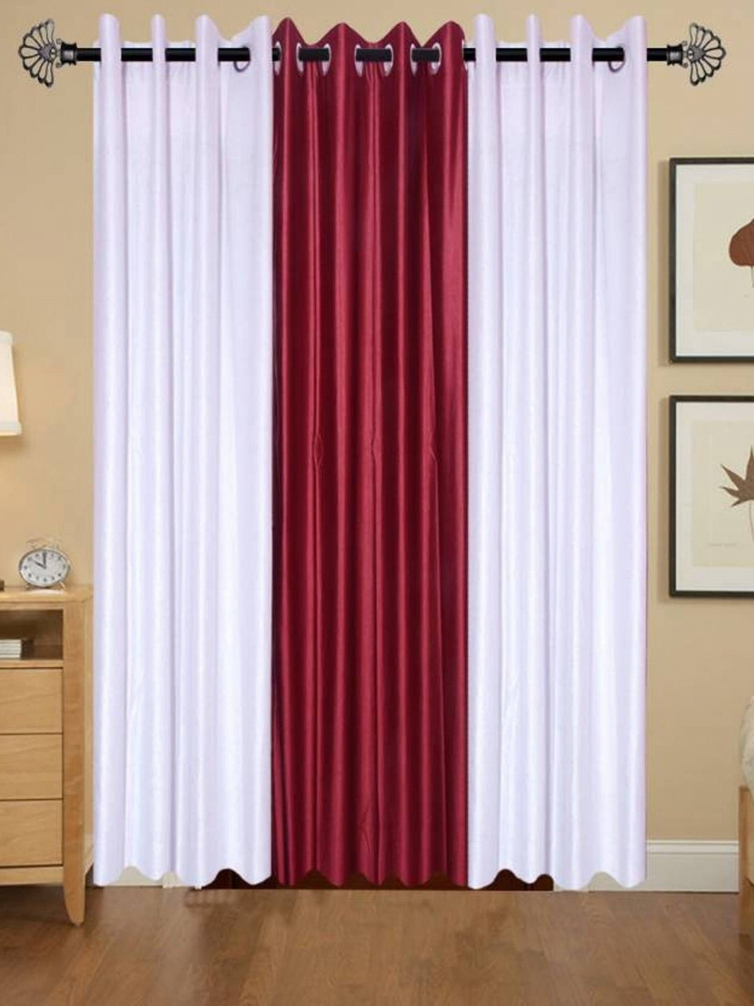 BELLA TRUE White & Maroon 3 Pieces Black Out Long Door Curtain